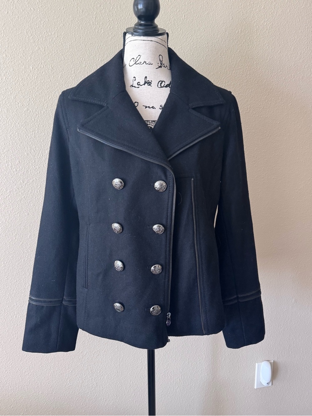 GUESS Women's Black Double-Breasted Peacoat Jacket